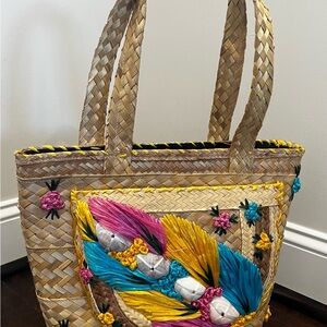 Vintage 70’s Handwoven Straw Tote Bag with Multicolor Feather Embroidery
